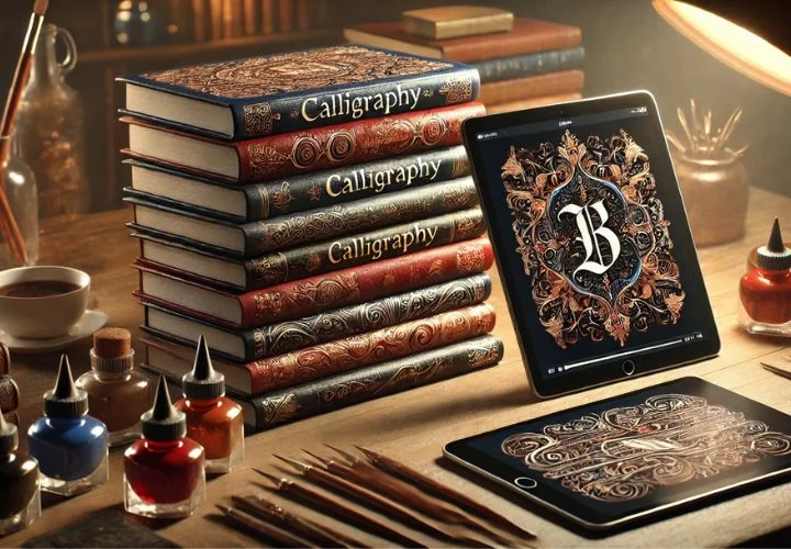 A stack of calligraphy books and a tablet displaying a tutorial A stack of calligraphy books and a tablet displaying a tutorial